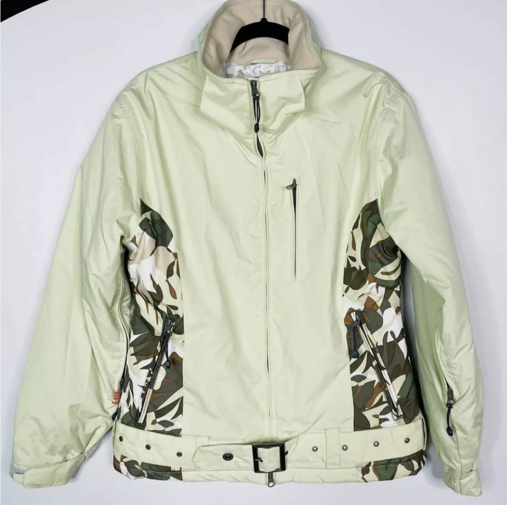 e408 Womens Medium M Pale Green Vixen Ski Jacket Snowboarding Floral Camo Print